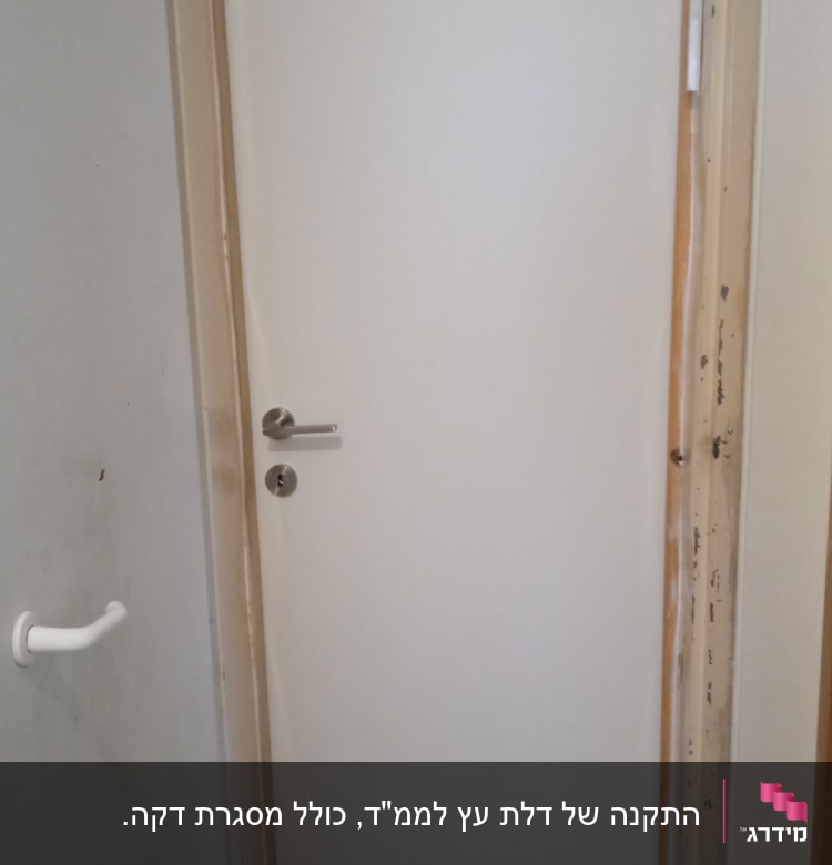 דלת לבנה עם ידית מתכת כסופה ומשקוף עץ